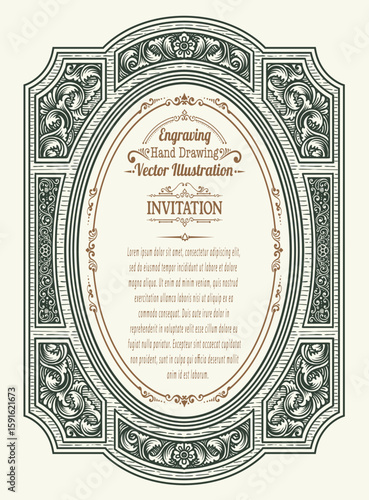 Highly detailed vintage engraving vector frame with intricate ornate and floral patterns