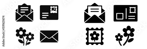 Illustrations of envelopes, postcards, and flowers for various communication themes