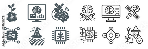 Icons illustrating the intersection of technology and nature in various applications related to artificial intelligence