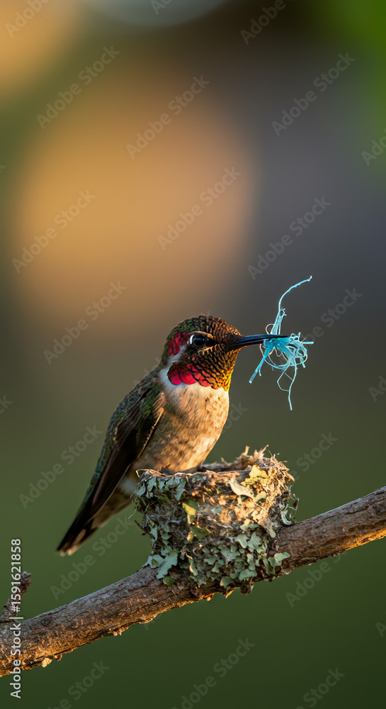 Fototapeta premium Hummingbird sitting on nest while holding plastic trash in beak