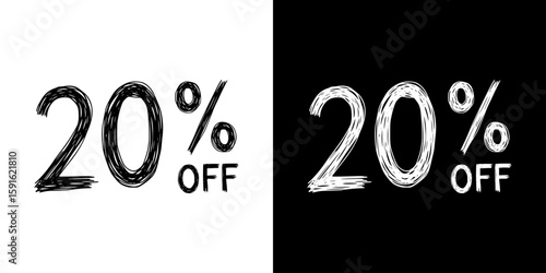 20% OFF sale promotion, pencil drawing, isolated vector image, two design variants - on transparent and black background, chalk inscription
