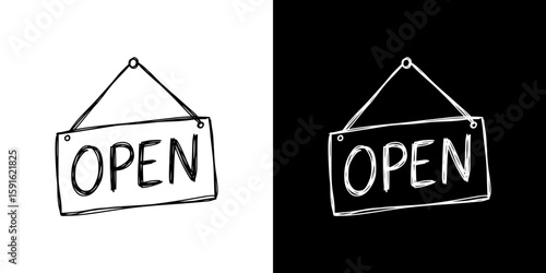 Pencil drawing of an "Open" sign, isolated vector image, two design variants - on transparent and black background, chalk inscription
