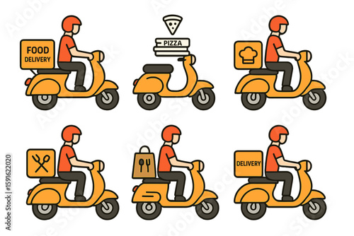 Food delivery riders on scooters transporting various orders in a vibrant urban setting