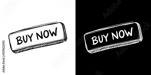 "Buy now" button in pencil drawing style, isolated vector image, two design variants - on transparent and black background, chalk inscription
