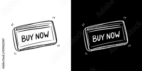 Sketch of "Buy Now" button, isolated vector image, two design variants - on transparent and black background, chalk inscription
