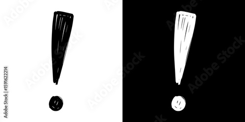 Pencil drawing of exclamation mark, isolated vector image, two design variants - on transparent and black background, chalk inscription
