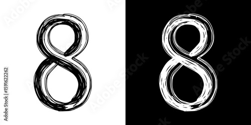 Pencil drawing of number 8 ieight, isolated vector image, two design variants - on transparent and black background, chalk inscription