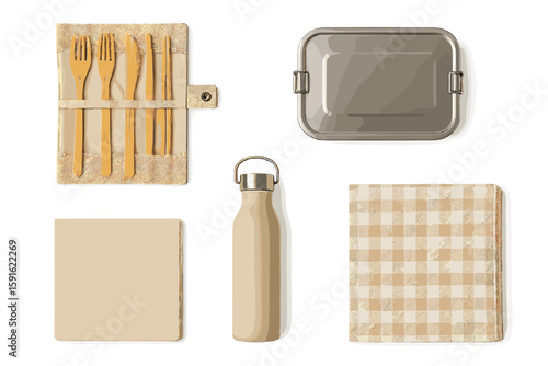 Eco-friendly picnic items arranged on a light background for outdoor dining experience and adventure planning