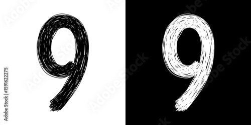 Number 9 nine in pencil drawing, isolated vector image, two design variants - on transparent and black background, chalk inscription