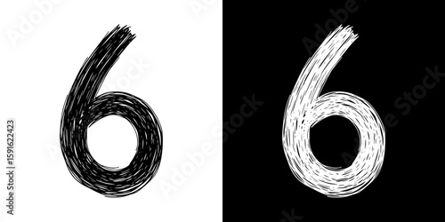 Hand-drawn number 6 six, pencil drawing, isolated vector image, two design variants - on transparent and black background, chalk inscription