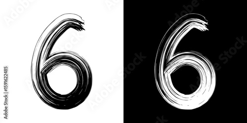 Number 6 six, pencil drawing, isolated vector image, two design variants - on transparent and black background, chalk inscription