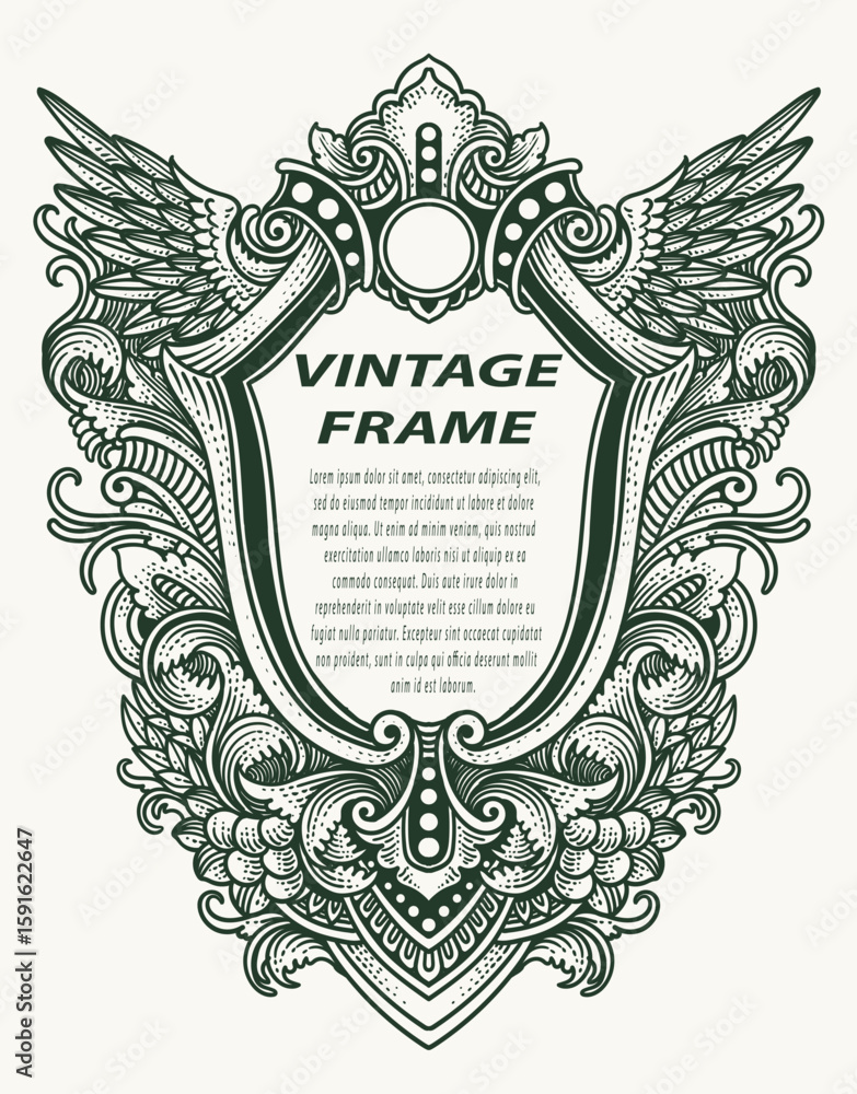 Fototapeta premium Highly detailed vintage engraving vector frame with intricate ornate and floral patterns