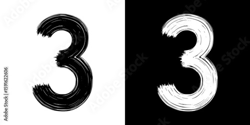 Pencil drawing of number three, isolated vector image, two design variants - on transparent and black background, chalk inscription
