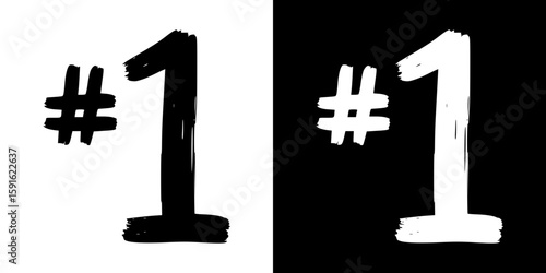 Isolated pencil drawing of number 1 with hashtag, isolated vector image, two design variants - on transparent and black background, chalk inscription