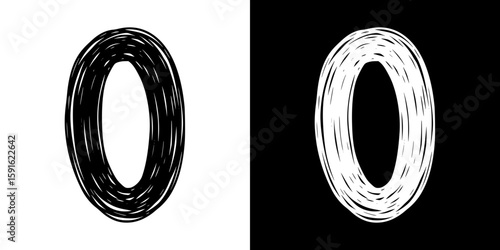 Hand-drawn number 0 zero, pencil drawing, isolated vector image, two design variants - on transparent and black background, chalk inscription