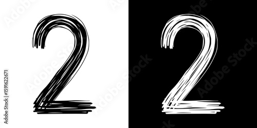 "Two" 2 pencil drawings of number, isolated vector image, two design variants - on transparent and black background, chalk inscription