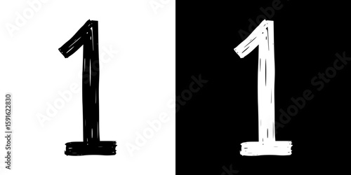 Hand-drawn number 1 one,  pencil drawing, isolated vector image, two design variants - on transparent and black background, chalk inscription