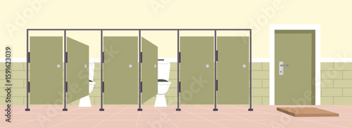Public toilet interior. Restroom for public. Closet toilet. Lavatory room. Water closet. Toilet door.
