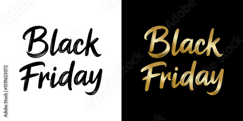 "Black Friday" text design in black and gold, line inscription, isolated vector image, two design variants - on transparent and black backgrounds