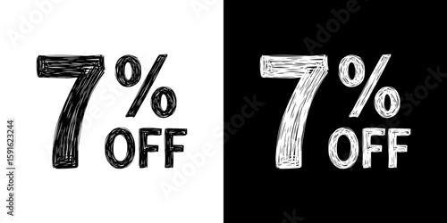 Pencil drawing of "7% off" text in two variants on transparent and black backgrounds, chalk inscription