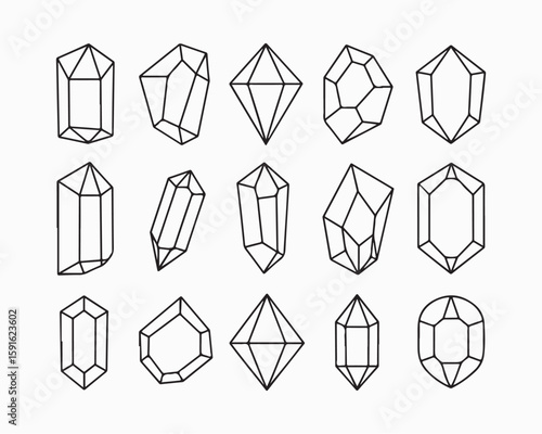 Collection of fifteen outlined geometric crystal shapes isolated on a white background in a pattern
