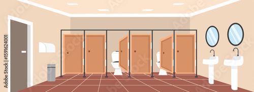 Woman toilet. Man toilet. Public toilet. Restroom interior. Restroom decoration. Faucet. Closet. Wash stand. 
