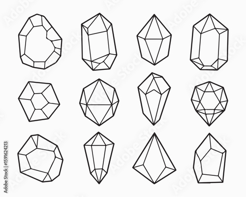 Collection of twelve outlined geometric crystal shapes with varying facets and orientations on white background
