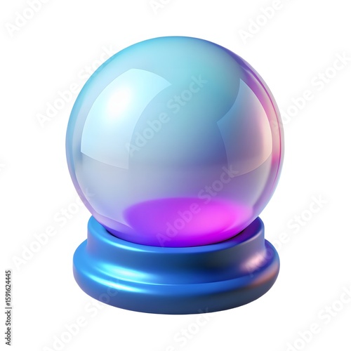 3D render of a lossy glass snow globe icon in blue and purple hues, semi-transparent glass, shiny reflections, playful and vibrant design