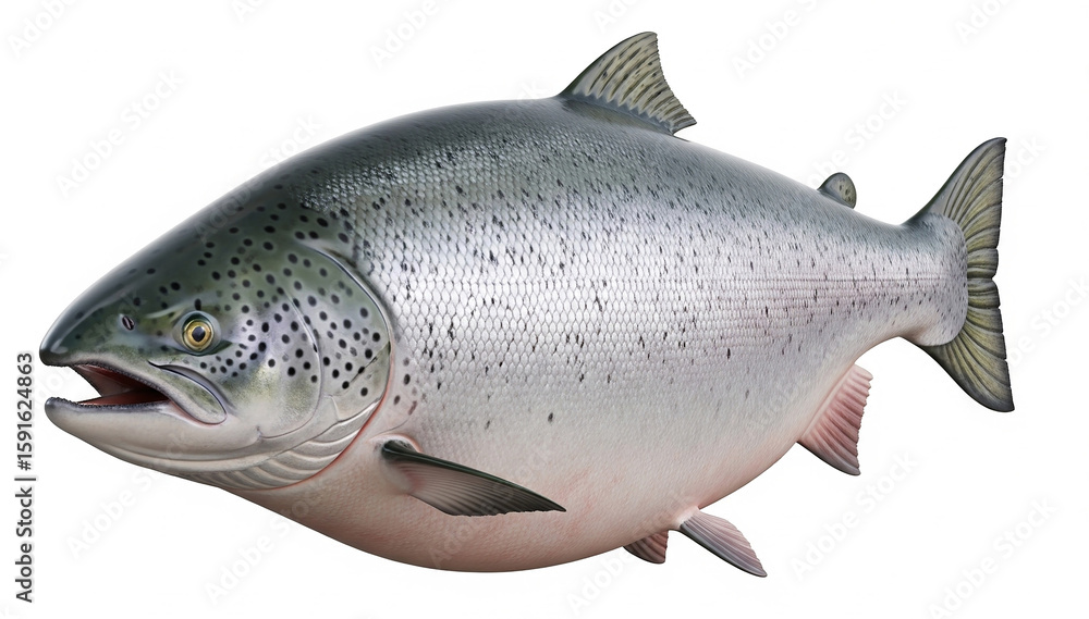 Obraz premium Elegant salmon fish, 3d render on white background. high nutritional value, abundance of omega-3 fatty acids, high-quality protein, and vitamins like D and B12. Atlantic nature beauty.