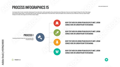 Process Infographic: Clear, step-by-step template for illustrating a linear process with four distinct outcomes or details. Ideal for presentations
