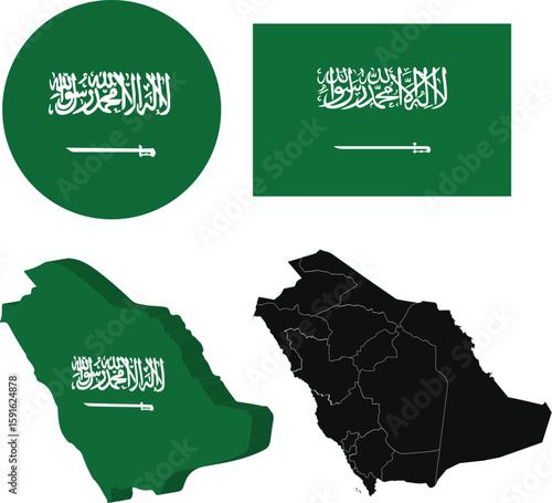Saudi Arabia, Saudi flag, Map of Saudi Arabia, Flag of Saudi Arabia, national flag, green flag, white Arabic script, sword symbol, Islamic flag, Saudi map, country map, political map, Middle East, 