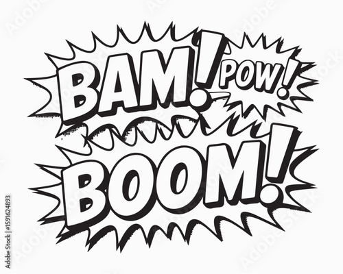 Black and white comic book style graphic with bam pow and boom sound effects and jagged burst outlines