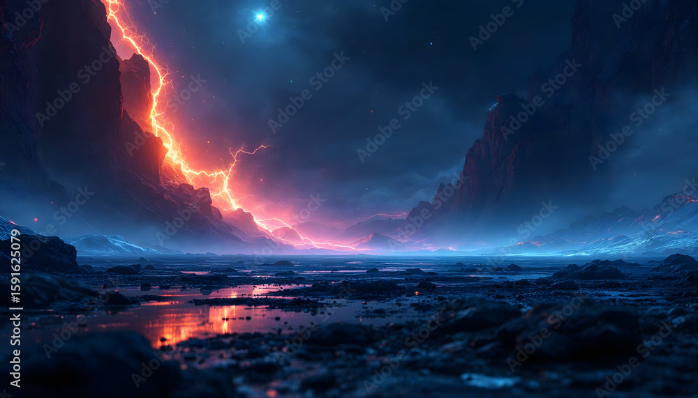 Fototapeta premium Dramatic Orange Lightning Streaking Across Dark Mountain Landscape