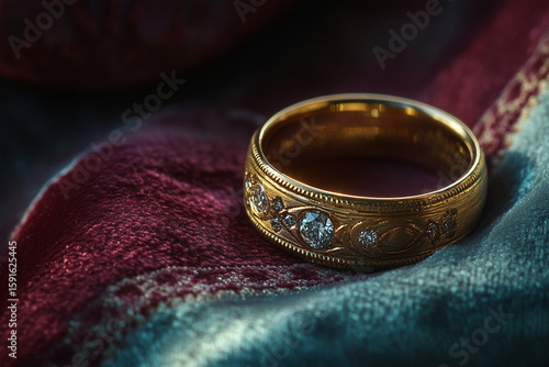 Elegant vintage gold ring with diamonds resting on luxury red velvet fabric