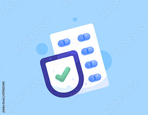 Medicine concept. Supplements and vitamins. Antibiotics. Medicines to protect and maintain health. Illustration of a tablet with a shield. Flat design. Textured. Blue background. Asset elements