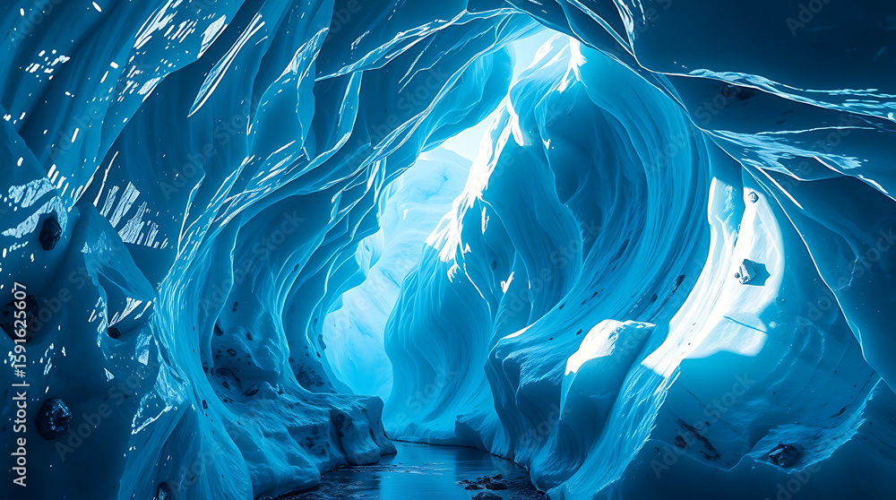 Obraz premium A luminous blue glacial ice cave reveals an ethereal, otherworldly interior, showcasing intricate formations and a light source at its far end.
