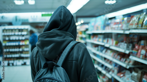 Man or boy in black hoodie in shop retail theft crime concept