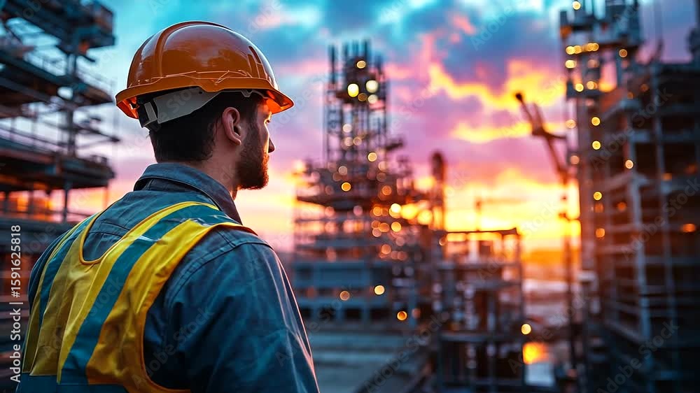 Construction worker observing sunset at industrial site Construction worker observing sunset at industrial site