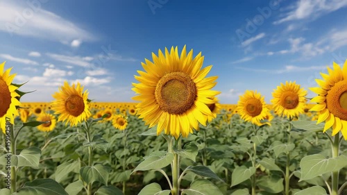 Sunflower flower field with bright yellow petals in natures glow