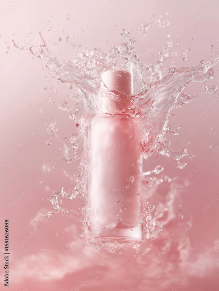 Fototapeta premium Cosmetic Bottle Splash. Pink essence bottle stands amidst a water splash. Clean beauty, skincare concept. For web, beauty editorial, marketing, ads, product design.