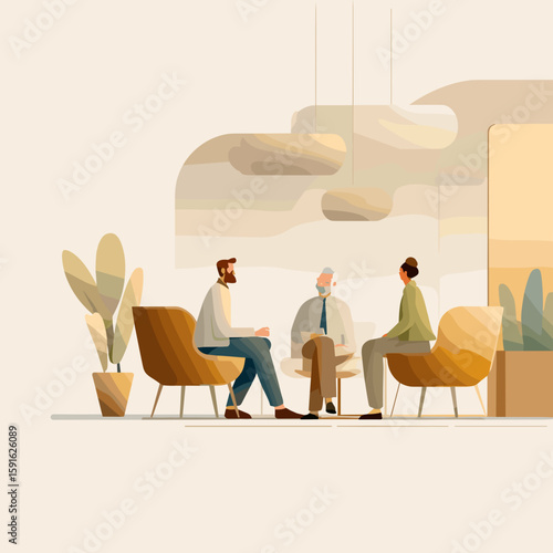 Office interior with three people sitting in comfortable chairs during business negotiations