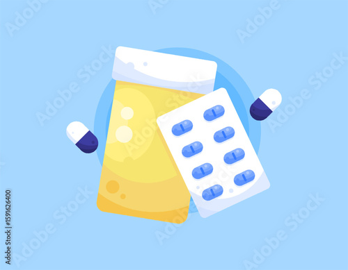 Medicine concept. Supplements and vitamins. Antibiotics. Medicines for health. Illustration of a medicine jar and tablets. Capsules. Flat design. Textured. Blue background. Asset elements