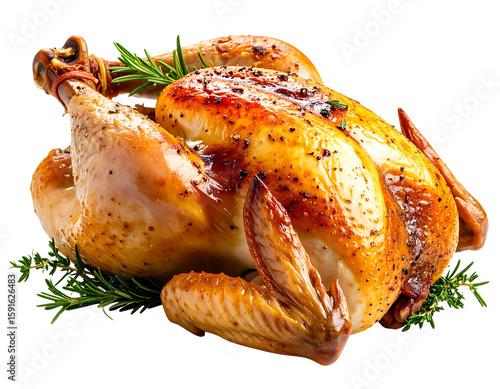 Whole Roasted Chicken Garnished with Herbs, Front Angle View, isolated on transparent background