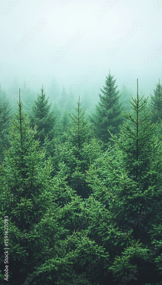 Fototapeta premium Enchanting Lush Green Spruce Forest Blanketed in Fog with a Beautiful Winter Holiday Cascade