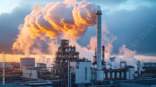 Industrial plant emitting smoke and steam at sunset, air pollution concerns