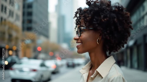 Smiling African American Woman with Natural Curly Hair and Sunglasses in a Vibrant Cityscape, Reflecting Confidence and Urban Lifestyle