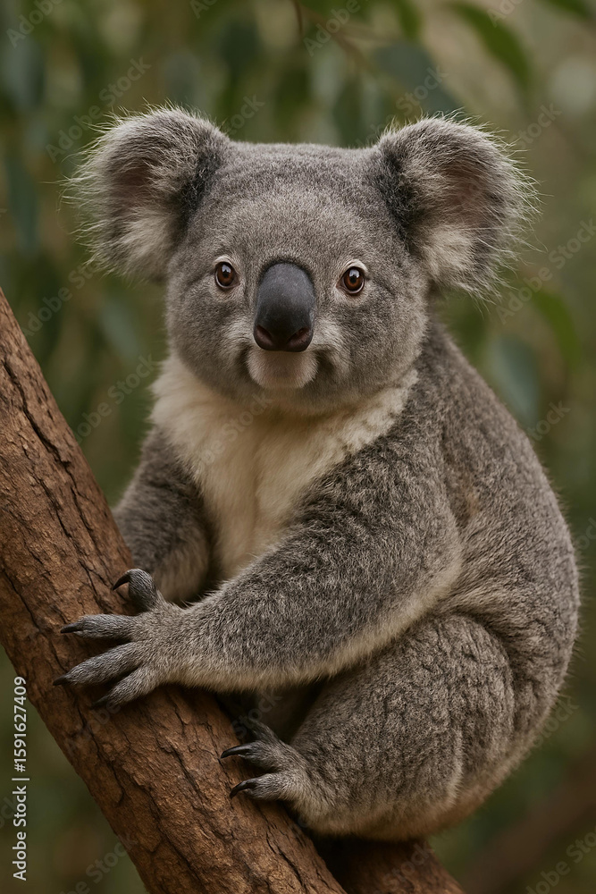 Naklejka premium Close-Up of a Koala Bear Clinging to a Eucalyptus Tree in Natural Habitat 