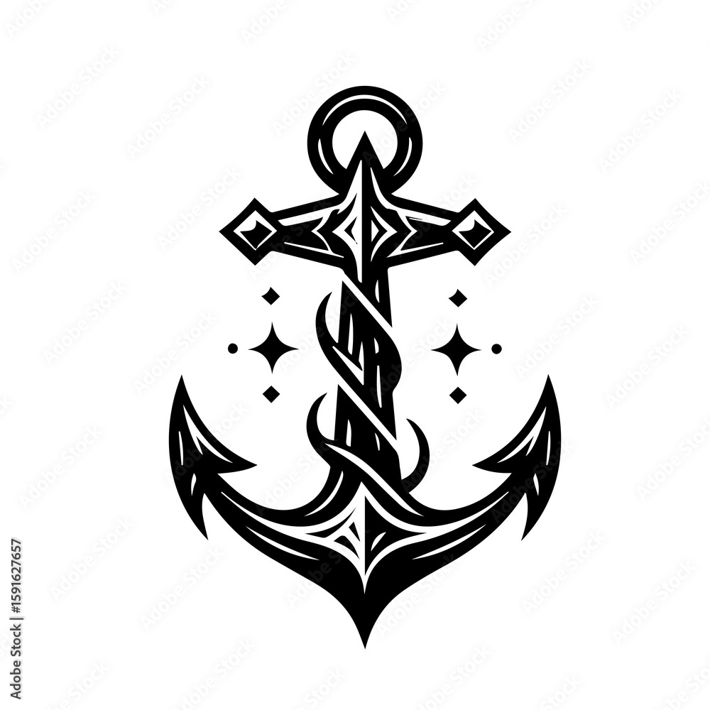 Fototapeta premium A stylized nautical anchor with a twisted rope and sparkling stars, symbolizing strength and guidance