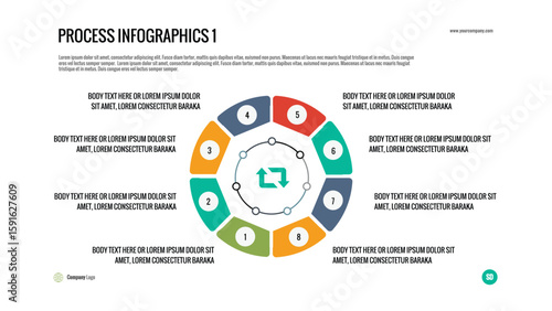 Process Infographic Circle: Cyclic diagram for illustrating an 8-step iterative process, workflow, or continuous cycle. Ideal for presentations