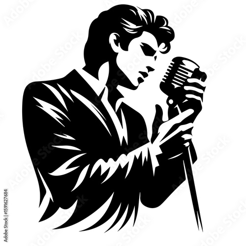A dynamic black and white silhouette of a male singer performing into a vintage microphone with a stylish hairdo